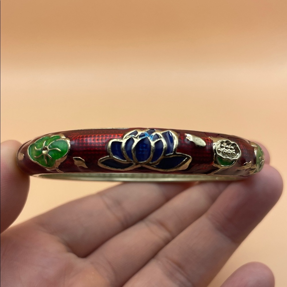 Gold and Red Floral Enamel Hinge Clamper Bracelet C25